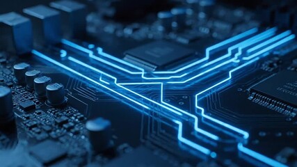 Futuristic glowing blue circuit board pathways symbolizing advanced technology and data flow. - Powered by Adobe