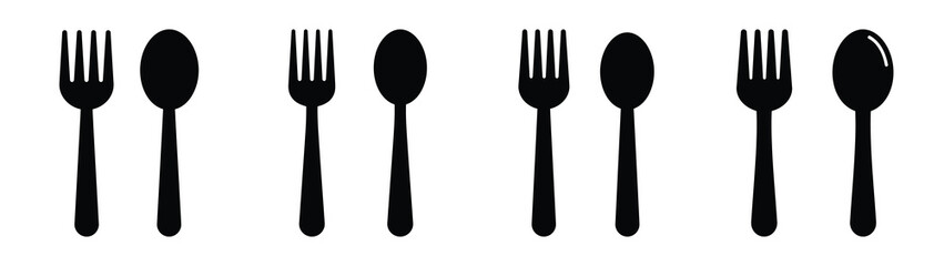 fork and spoon icon set, black color and white background
