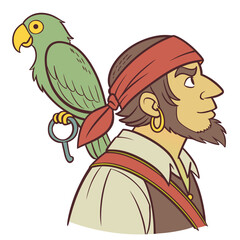 Cartoon pirate with a green parrot on his shoulder wearing a red bandana and gold earring