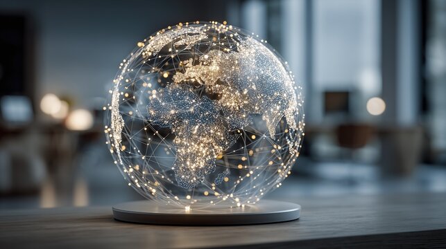 Digital holographic world map with glowing network connections, concept of global communication, data and technology background
