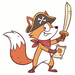 Cute cartoon fox dressed as a pirate holding a sword and treasure map