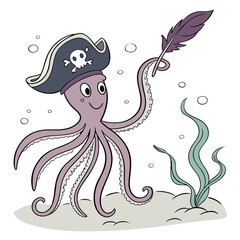 Cute cartoon octopus wearing a pirate hat and holding a feather quill underwater