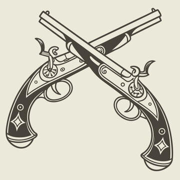 Elegant vintage flintlock pistols crossed in a classic duel pose