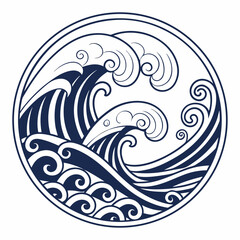 Stylized japanese wave art in a circular frame with flowing dark blue lines on a white background