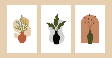 vector illustration of an abstract background with flowers. Abstract plant wall decor. Contemporary poster set of potted flowers boho style. Modern organic shapes, hand drawn vector illustration