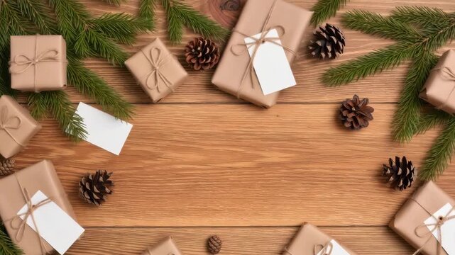 Top view of wrapped Christmas presents with twine and blank tags, surrounded by pinecones and fir branches on wooden background. Rustic holiday composition. Cozy winter atmosphere.