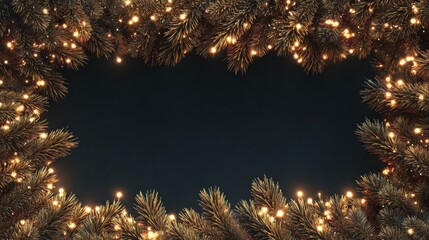 A beautifully framed dark background surrounded by lush evergreen branches and twinkling warm lights, perfect for holiday greetings.
