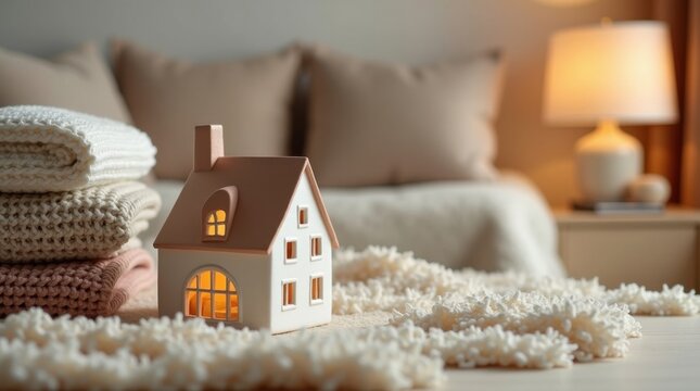 Su&eacute;teres con modelo de casa peque&ntilde;a y un suave y c&aacute;lido resplandor que emana de una l&aacute;mpara de mesa