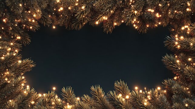 A beautifully framed dark background surrounded by lush evergreen branches and twinkling warm lights, perfect for holiday greetings.