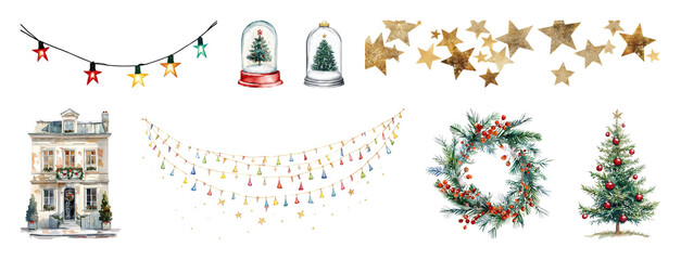 Fototapeta premium PNG Festive holiday decorations watercolor illustration, element set on transparent background