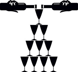 Champagne Pours Stacked Glasses.
Champagne pours pyramid of glasses. Black and white illustration
