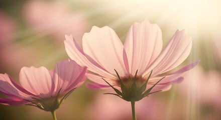 Obraz premium Dreamy cosmos flowers bathed in soft sunlight create a feeling of peace and serenity in nature