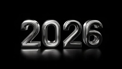 Glossy chrome 2026 digits displayed in a bold metallic style on a smooth black surface background, representing future new year celebration