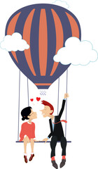 Man and woman fall in love. Air balloon.
Heart symbol. Happy man and woman fly up on the air balloon
