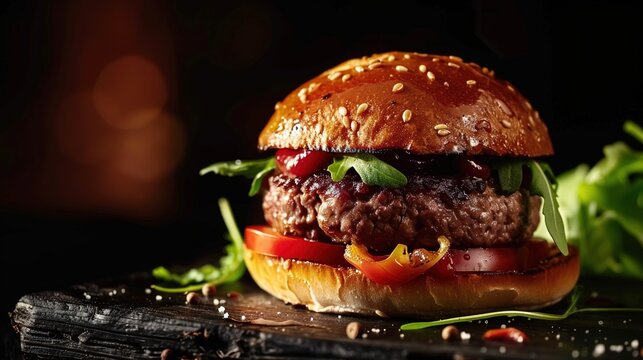 Luxury Angus beef burger with gourmet bun, fresh arugula and tomato on dark background for upscale restaurant advertising