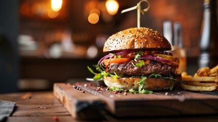 Angus beef burger with lettuce, tomato, and red onion on rustic wooden board for American family dining promotion