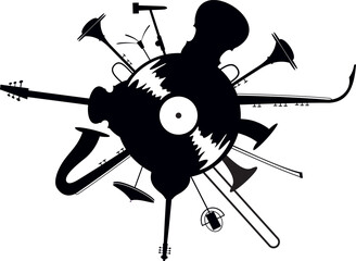 Long play record combines with musical instruments. Black and white illustration