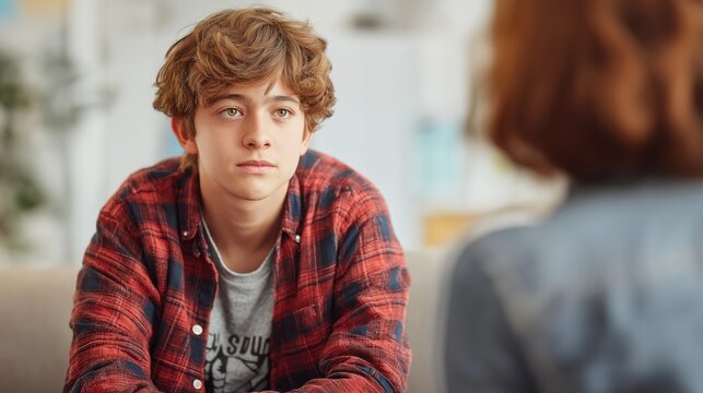 Teen boy talking with counselor during therapy, mental health support and psychology counseling for education, awareness and healthcare editorial background