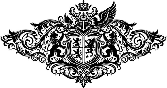 Elegant heraldic crest with lions, eagle, shield, and ornate flourishes evokes prestige, heritage, and timeless sophistication for luxury branding.