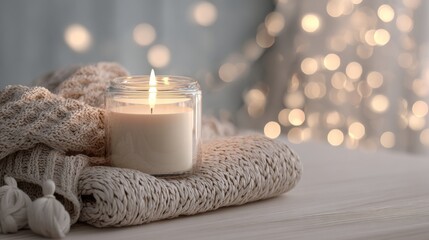 A cozy white candle glowing softly, nestled on a textured beige blanket, creating a warm and serene atmosphere.