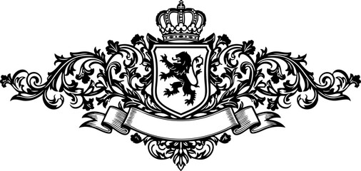 Elegant heraldic emblem featuring a crowned lion rampant on shield with ornate scrollwork and blank banner for customization © Vectors Studio