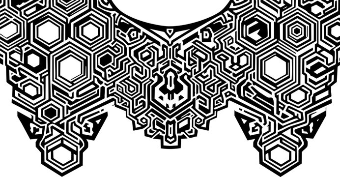 Intricate geometric black and white tribal pattern design, modern abstract ethnic motif, stylish decorative element for apparel and accessories.
