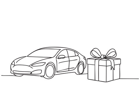 line electrocar with Christmas presents on white background