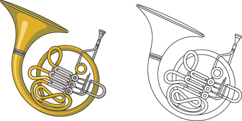 French horn illustration, brass instrument drawing, music education artwork, orchestra instrument, coloring page, classical music, vector, design, art, education