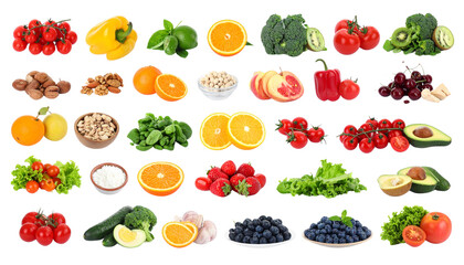 set of balanced diet items including fruits and vegetables, isolated on transparent background.