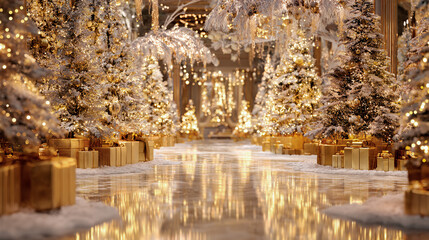 Elegant Christmas trees, decorated with warm golden lights, glowing bokeh background, luxurious golden wrapped presents