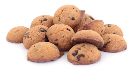 Chocolate chip cookies with chocolate coating isolated on white background