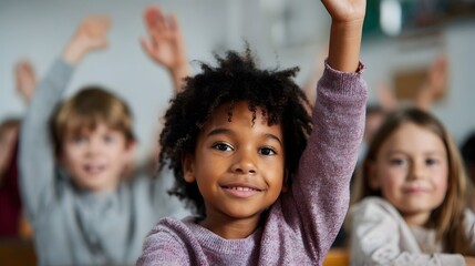 Young diverse students enthusiastically raise their hands in a bright classroom eager to learn and participate