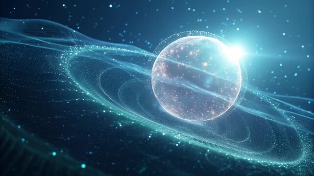 Glowing glass sphere particle wave digital energy field luminous orb floating above mesh surface on futuristic digital grid blue light motion - Powered by Adobe