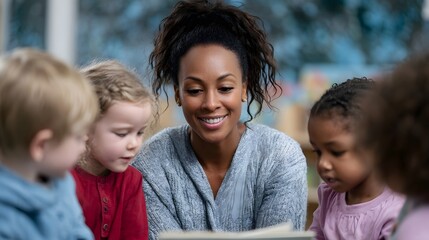 A smiling teacher reads an engaging storybook aloud to a diverse group of attentive young children in a bright classroom