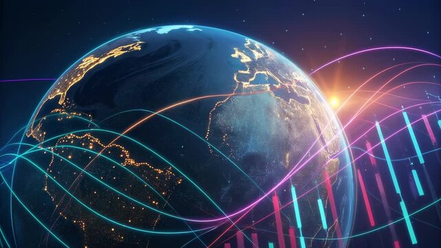 Global globe network connection of illuminated city lights with glowing data stream and financial chart overlays sunrise conveying digital - Powered by Adobe