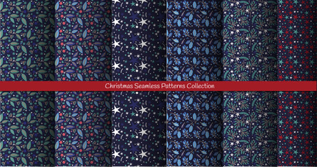 Winter Seamless Vector Collection of Floral Patterns with Green Branches, Leaves and Stars on a dark Blue Background.