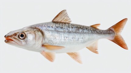 Detailed studio photo of a long fish species showcasing silver scales and orange fins against a crisp white background with clear lighting