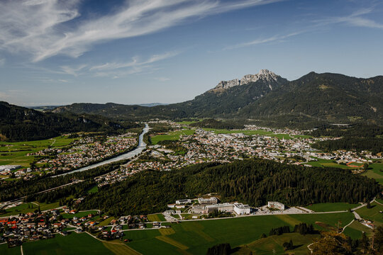 panoramic view of Reutte and Lechaschau with the Lech river in Tyrol, Austria, seen from Schlosskopf in summer