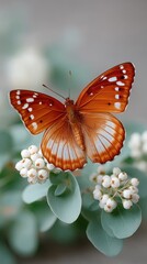 Detailed Close Up Of A Vibrant Orange Butterfly With White Spots Perched On Delicate White Flowers And Green Eucalyptus Leaves Soft Bokeh Background Neutral Tones Macro Photography