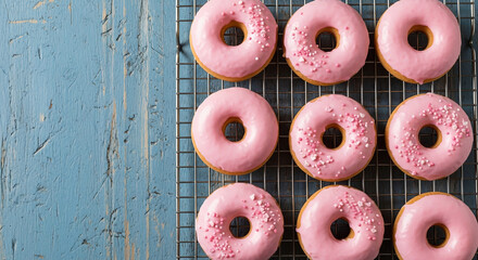 Pink Glazed Donuts with Sprinkles on Metal Cooling Rack on Blue Wooden Surface