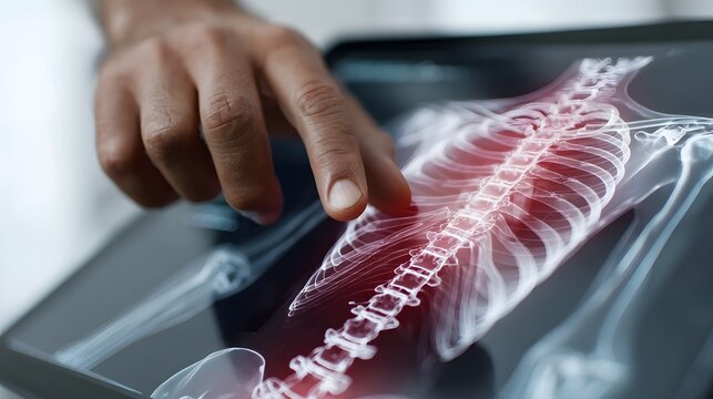 Doctor s hand examines a glowing digital X ray of the human spine highlighting areas of pain and injury