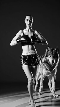 Femme boxeuse et loup dans un studio en noir et blanc