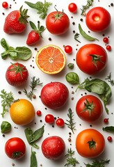 Fruits and vegetables on a white background. Illustration on the topic of healthy food and nutrition.