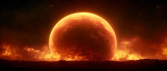 A dark planet surface and a hot satellite. Illustration on the theme of space and the universe.