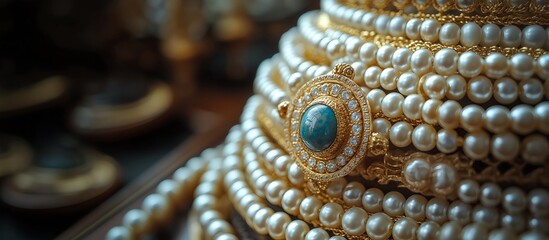 Precious jewelry made of gold and pearls.  Illustration on the theme of jewelry and wealth.	
