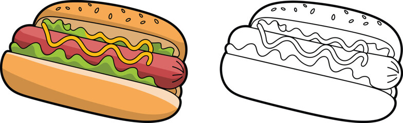 Hot dog illustration, fast food drawing, sandwich artwork, culinary snack, ketchup mustard, sesame bun, coloring page, lifestyle food, vector, design
