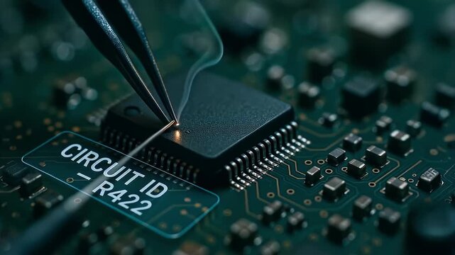Micro soldering microchip on printed circuit board with tweezers and soldering iron close up showing circuit electronic component repair smoke fine solder point precision technical focus