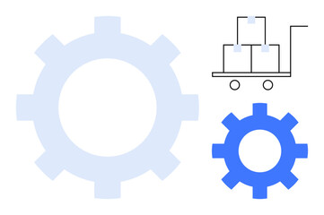 Large gear and small blue gear alongside a cart with stacked boxes. Ideal for logistics, manufacturing, automation, supply chain, collaboration, efficiency, productivity. Simple flat metaphor