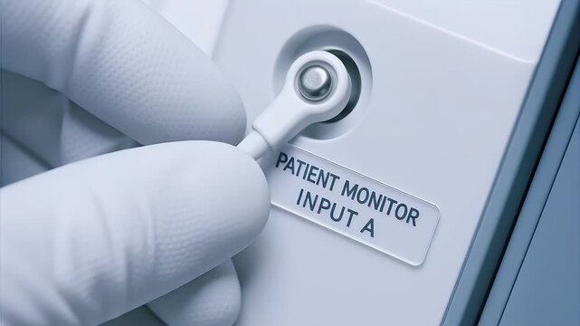 Patient monitor input cable connector being attached by gloved hand in clinical medical environment showing sterile cable connection for patient monitoring and careful monitoring procedure