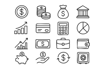 Financial Line Icons Set Vector - Money, Banking, Investment, and Business Accounting Symbols